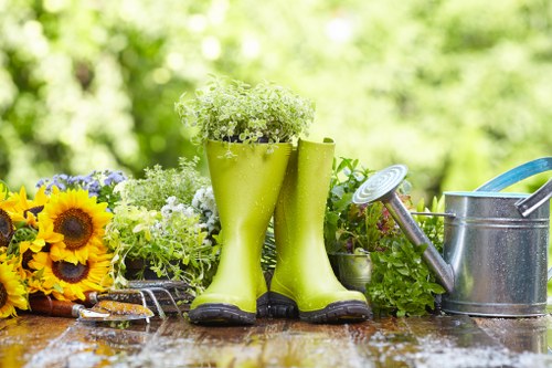 The image shows a gardening scene outdoors with a wooden surface in the foreground. In the center, there is a pair of bright green rubber garden boots filled with small white flowers and positioned vertically. To the left, a vibrant bouquet of sunflowers with large yellow petals and dark centers, along with purple and white flowers, rests on the surface. To the right of the boots, there is a metallic watering can with a blue handle, featuring a long spout and a rose attachment for watering plants. Behind these items, various green potted plants and shrubs are visible, suggesting a lush garden environment, set against a softly blurred background of trees and foliage that indicates a sunny day with natural light. The scene captures a neat, well-maintained outdoor garden space typical of gardening services in Euston and the surrounding London area, emphasizing outdoor plant care and lawn maintenance activities.