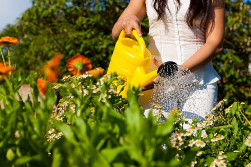 Recycling bins and separated garden waste at a London green space